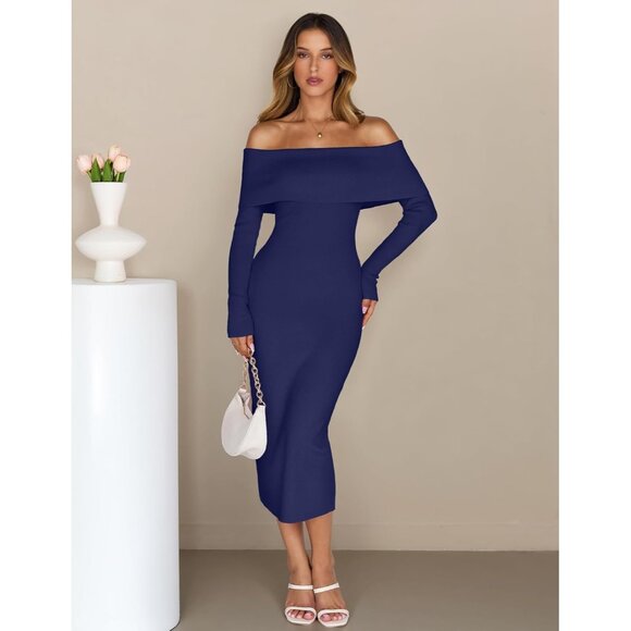 Merokeety Women's Navy Off Shoulder Long Sleeve Elegant Bodycon Midi Dress - Picture 2 of 9